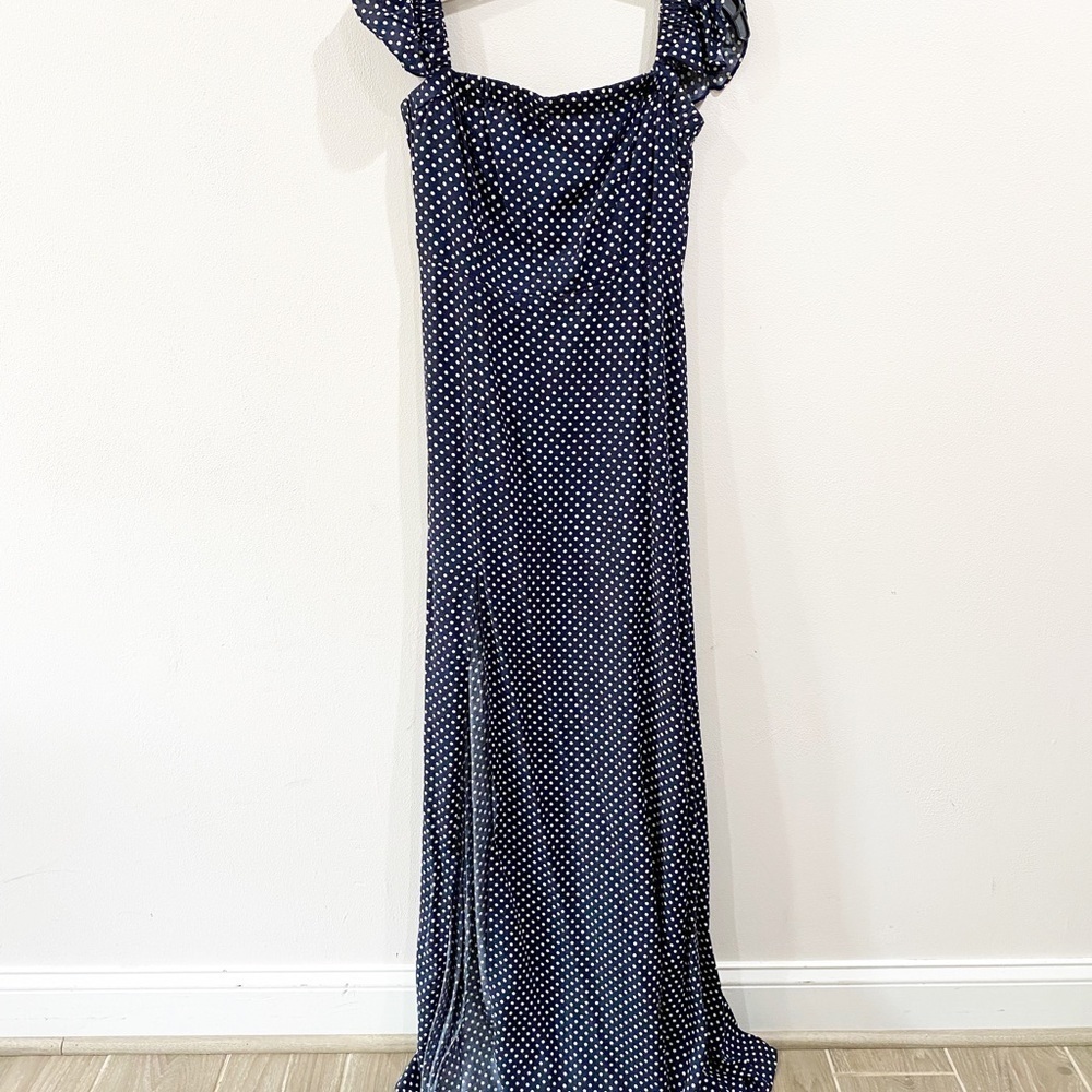 Lulu's Navy Polka Dot Off-Shoulder Maxi Dress - Picture 5 of 11